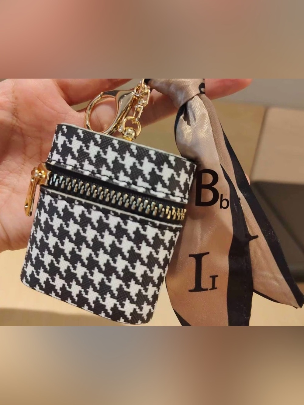 Houndstooth Mini Zip Keychain Pouch with Scarf Accent